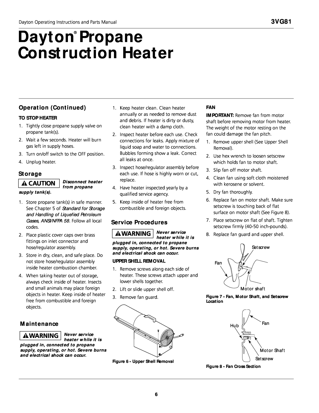 Dayton 3VG81 manual Dayton Propane Construction Heater, Operation Continued, Storage, Service Procedures, Maintenance 