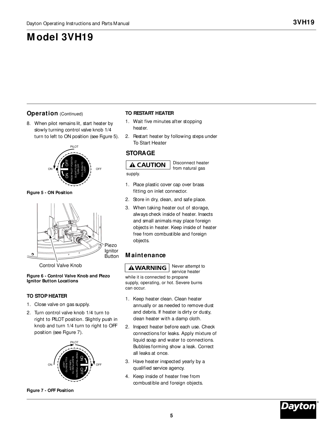 Dayton 3VH19 manual Maintenance, To Restart Heater, To Stop Heater 