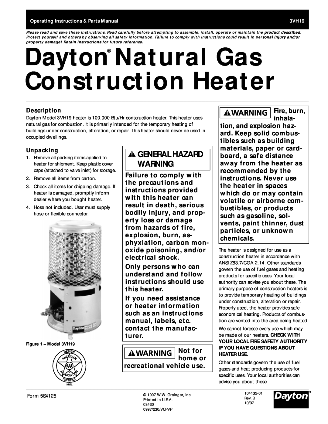 Dayton 3VH19 manual Dayton Natural Gas Construction Heater, General Hazard Warning 