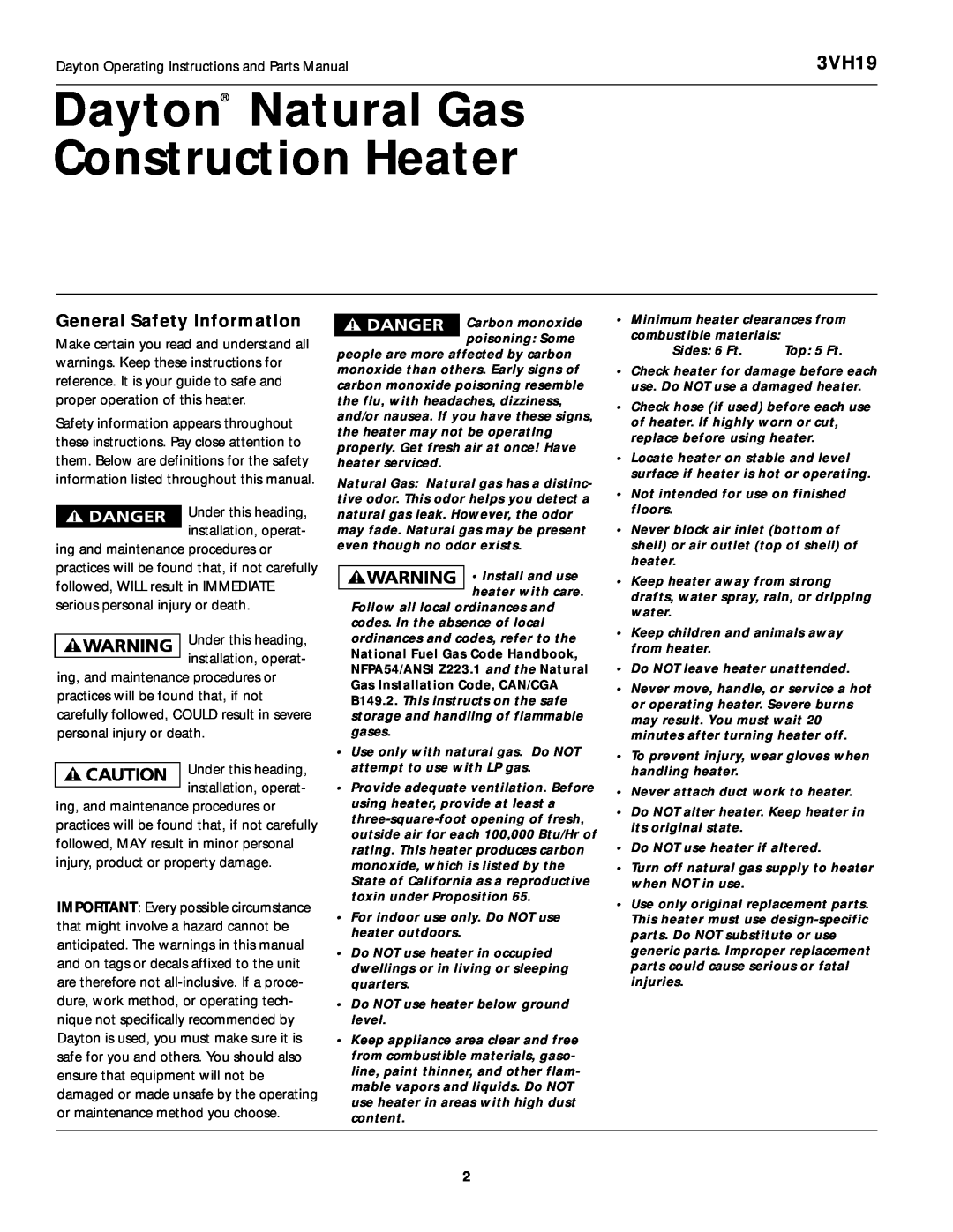 Dayton 3VH19 manual Dayton Natural Gas Construction Heater, General Safety Information 