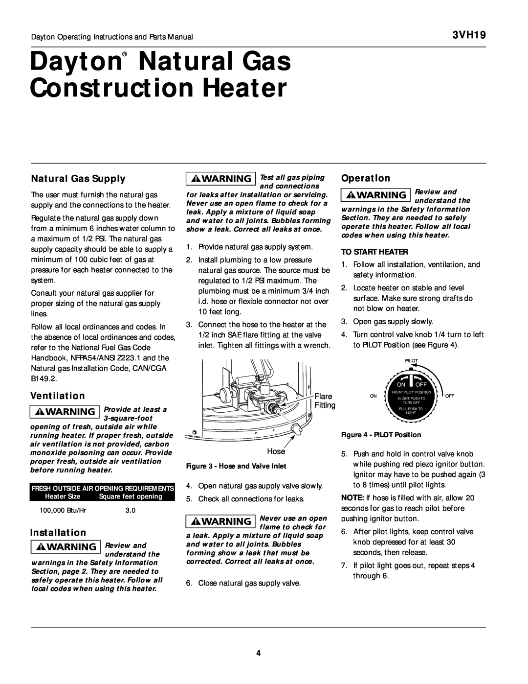 Dayton 3VH19 manual Dayton Natural Gas Construction Heater, Natural Gas Supply, Operation, Ventilation, Installation, Flare 