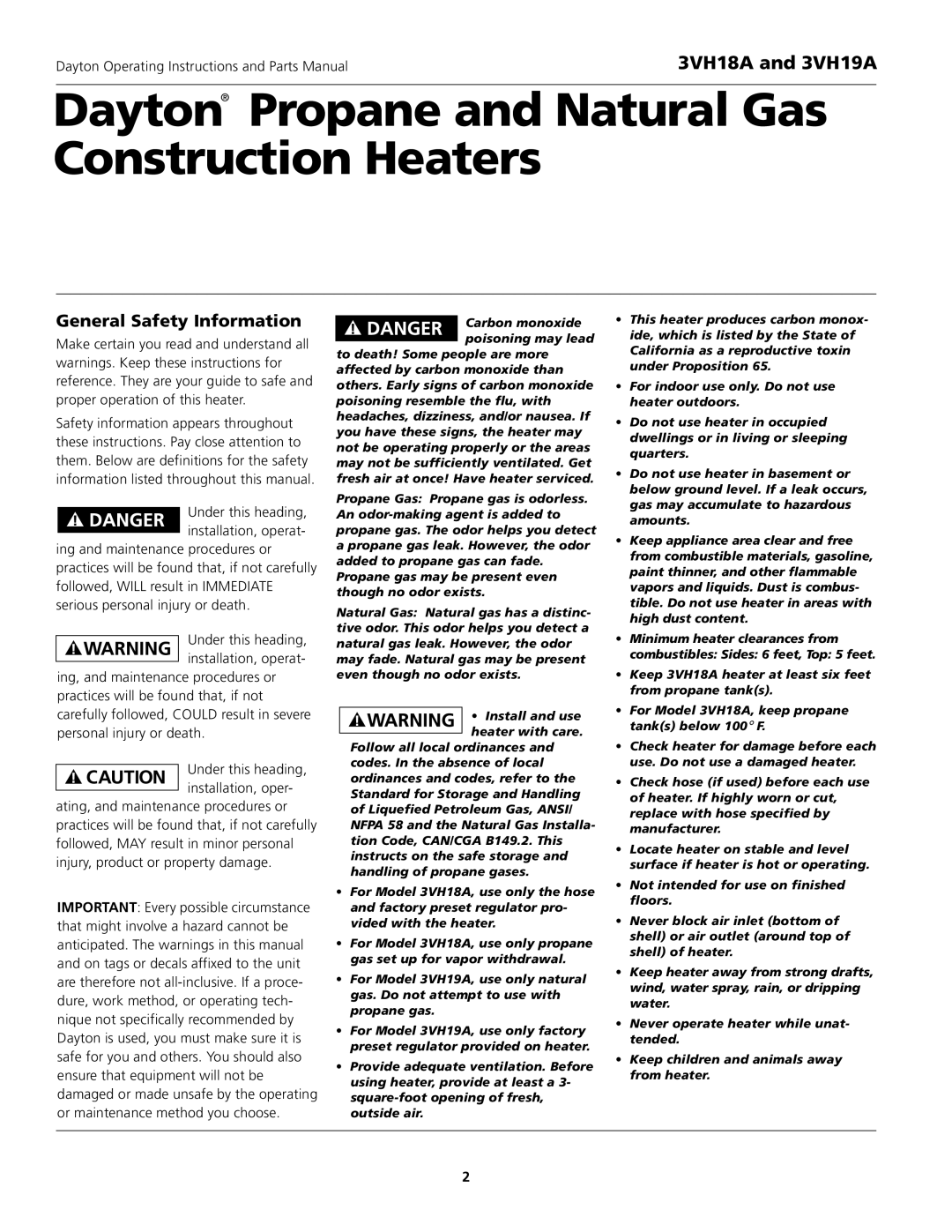 Dayton 3VH19A, 3VH18A instruction manual Dayton Propane and Natural Gas Construction Heaters, General Safety Information 