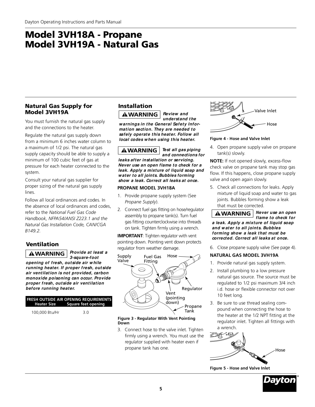 Dayton Natural Gas Supply for Model 3VH19A, Ventilation, Installation, Propane Model 3VH18A, Natural GAS Model 3VH19A 