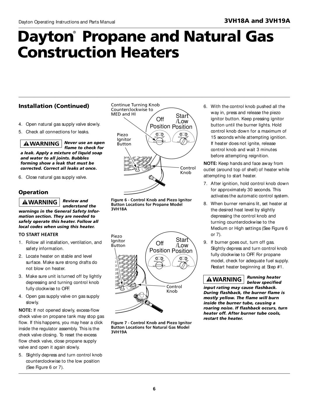 Dayton 3VH19A, 3VH18A instruction manual Operation, To Start Heater 