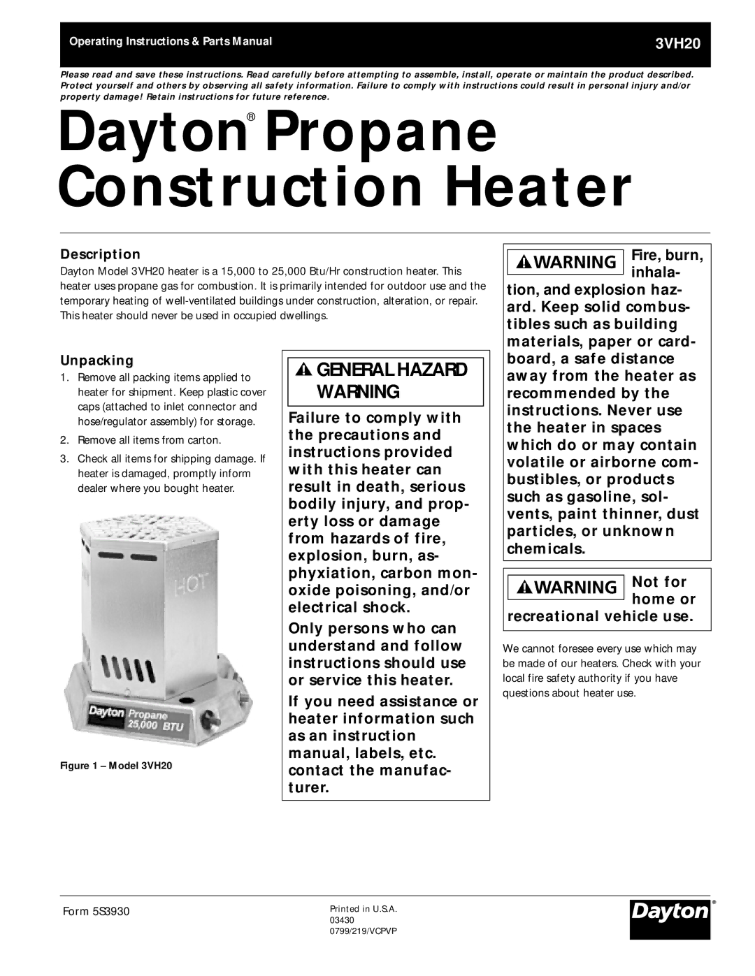 Dayton 3VH20 operating instructions Description, Unpacking 