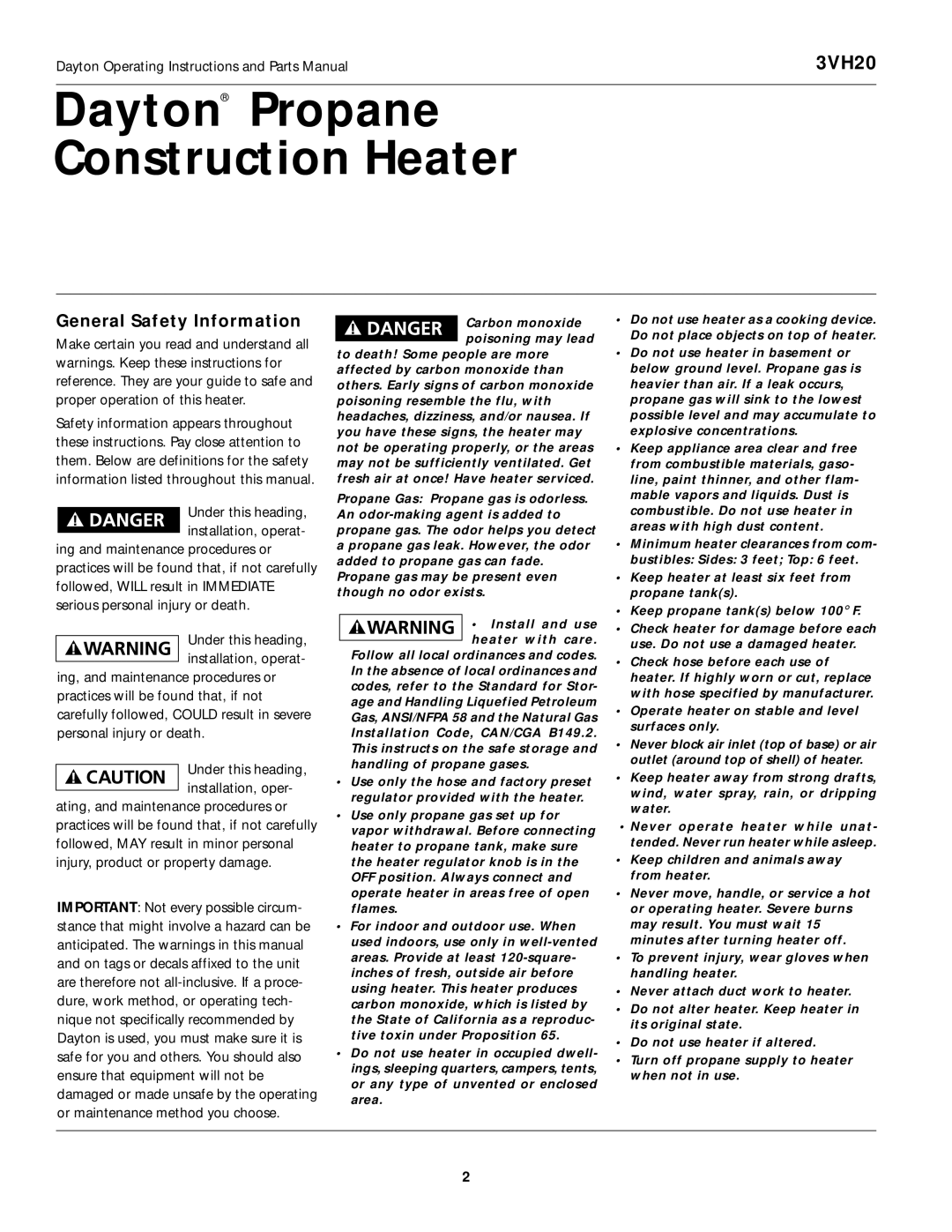 Dayton 3VH20 operating instructions Dayton Propane Construction Heater, General Safety Information 