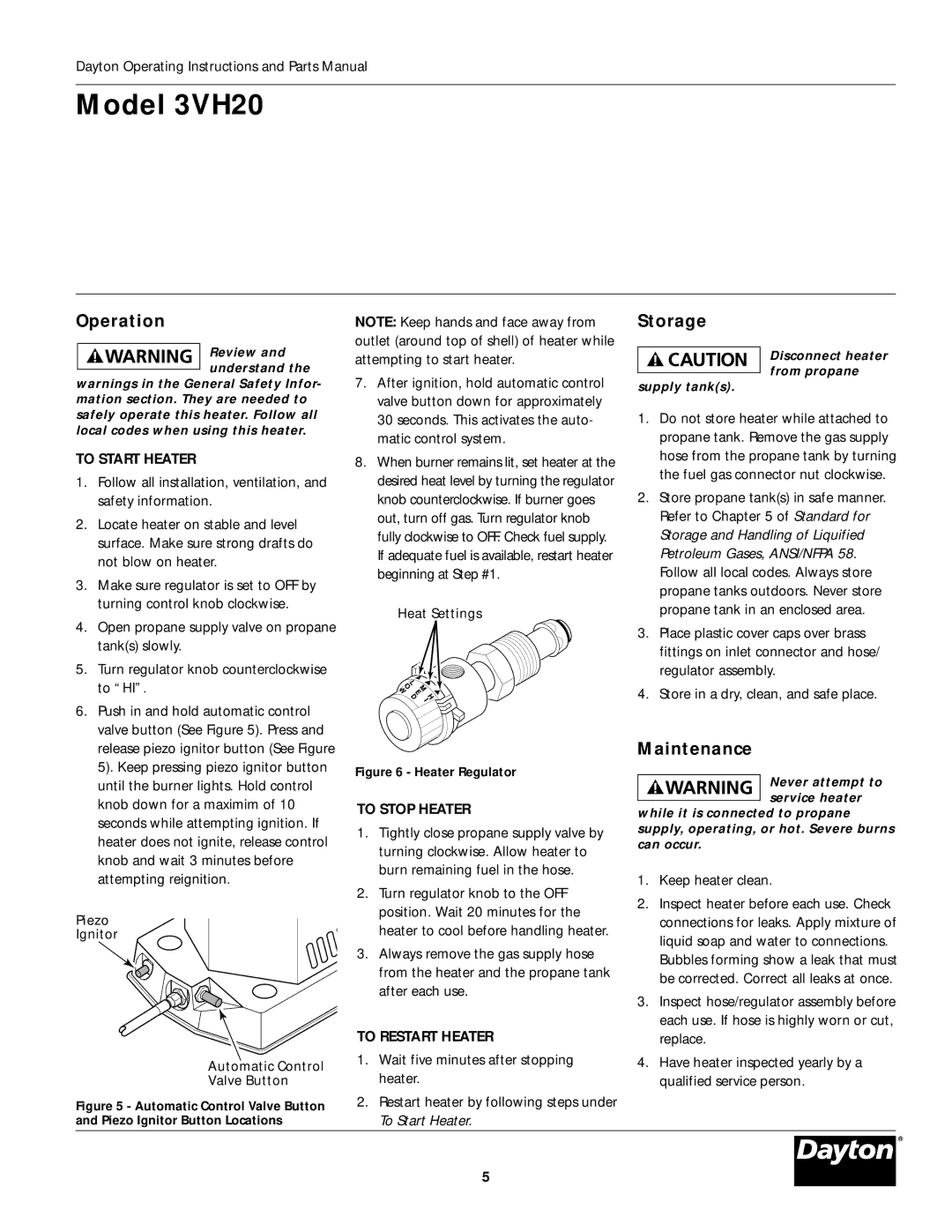 Dayton 3VH20 operating instructions Operation, Storage, Maintenance 