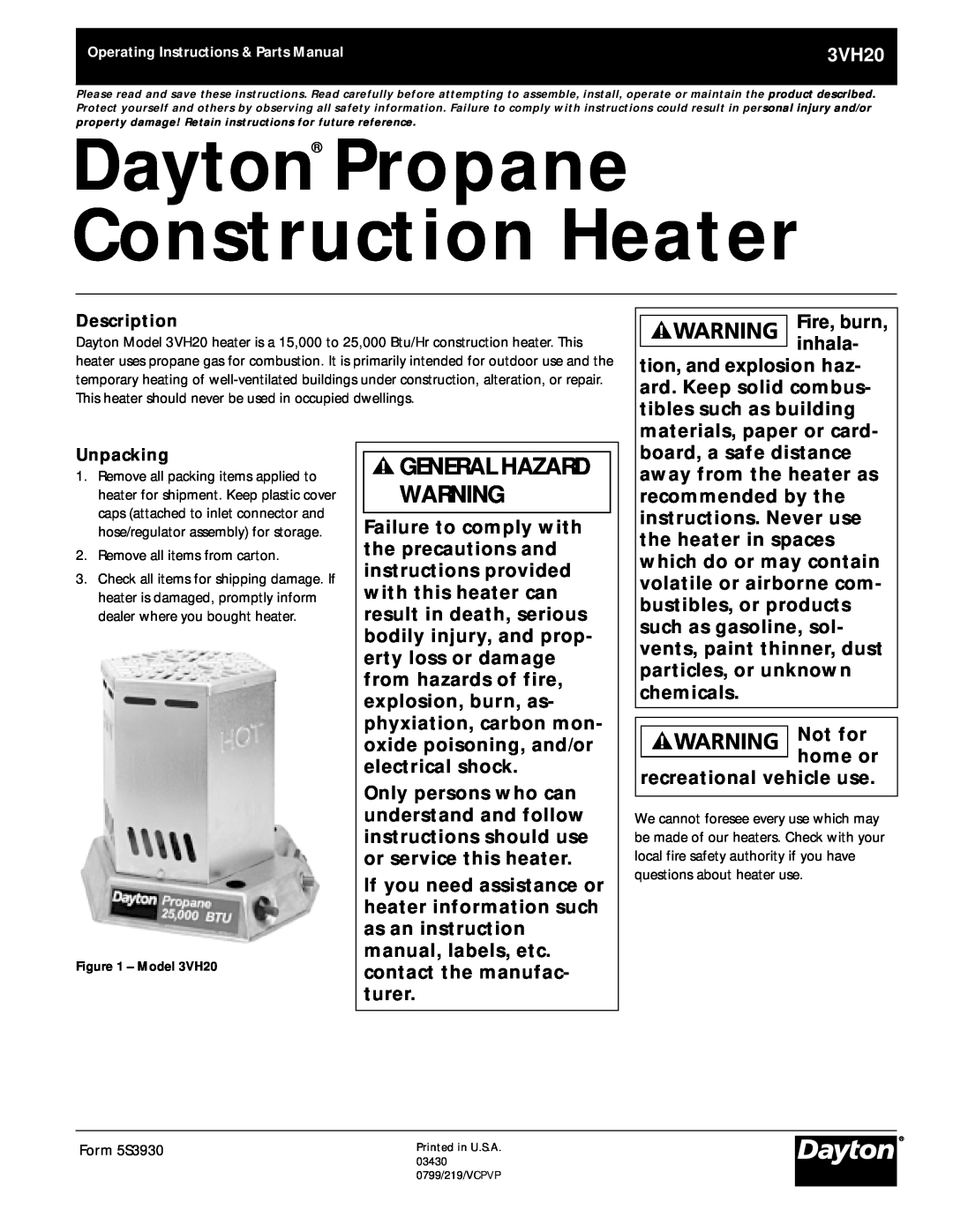 Dayton 3VH20 operating instructions Dayton Propane Construction Heater, General Hazard Warning 