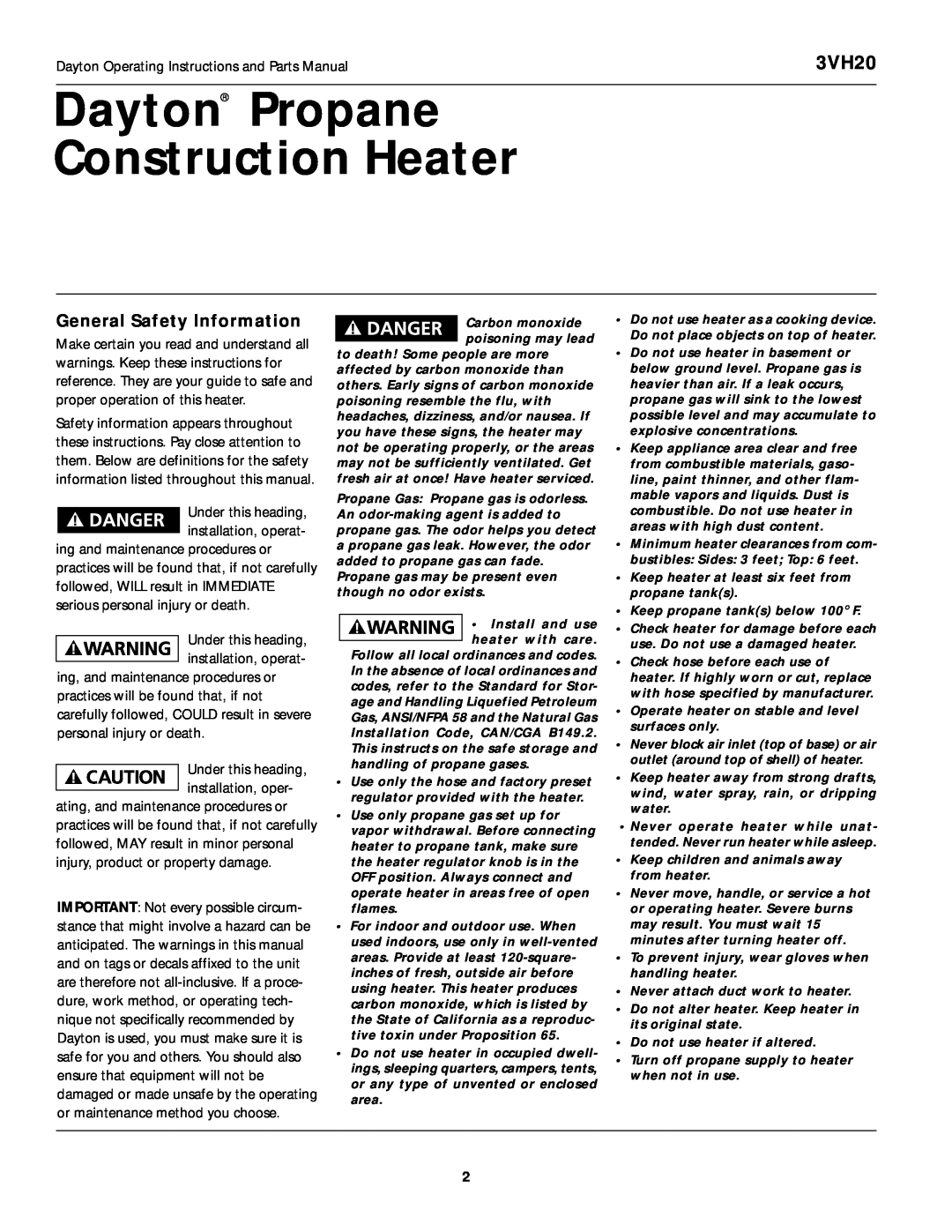 Dayton 3VH20 operating instructions Dayton Propane Construction Heater, General Safety Information 