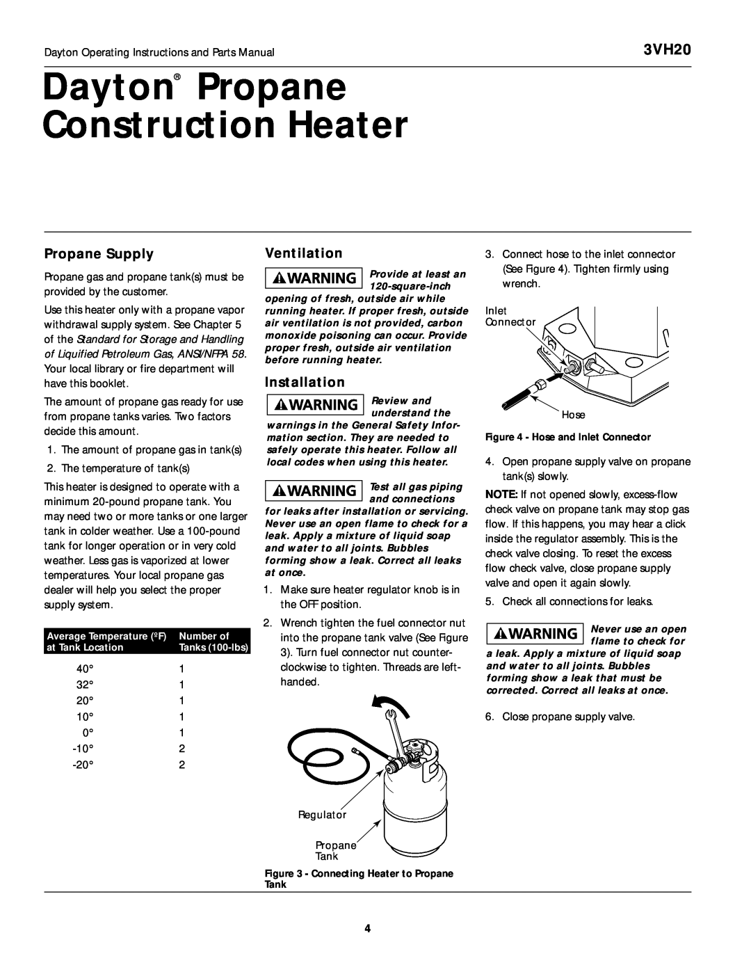 Dayton 3VH20 operating instructions Dayton Propane Construction Heater, Propane Supply, Ventilation, Installation 