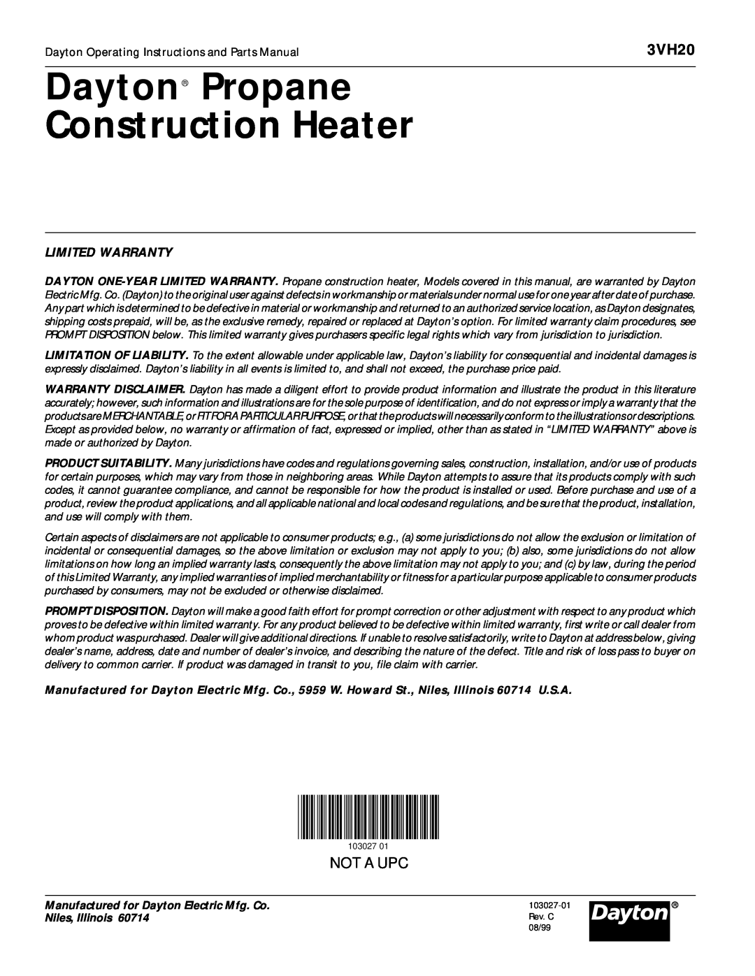 Dayton 3VH20 operating instructions Dayton Propane Construction Heater, Not A Upc, Limited Warranty 