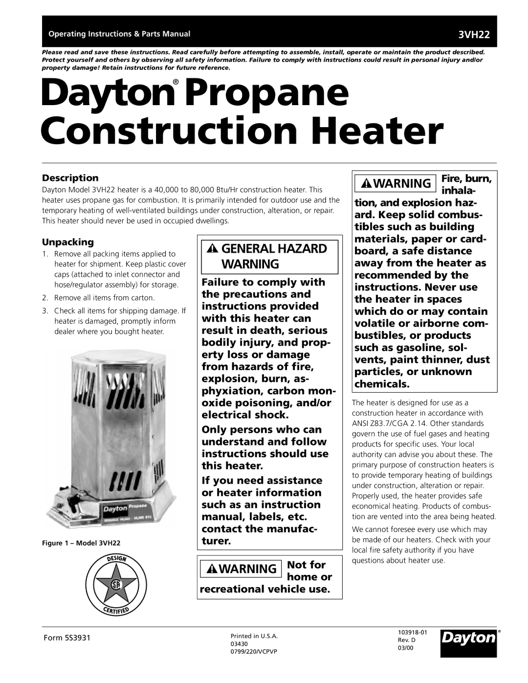 Dayton 3VH22 instruction manual Description, Unpacking 