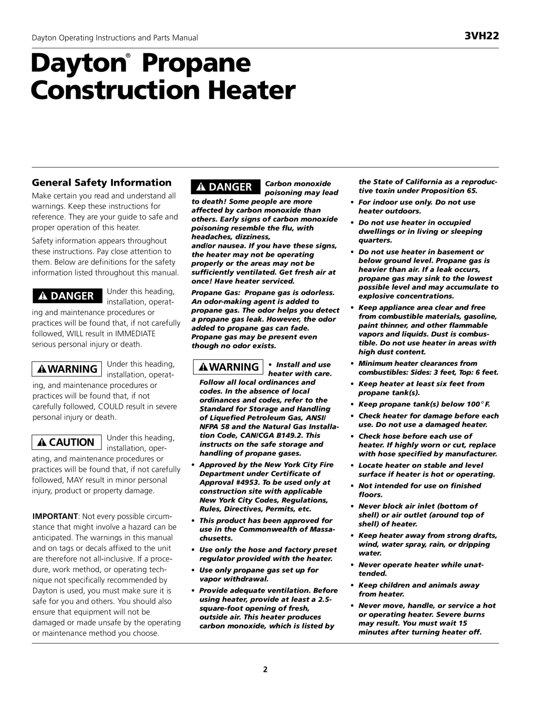 Dayton 3VH22 instruction manual Dayton Propane Construction Heater, General Safety Information 