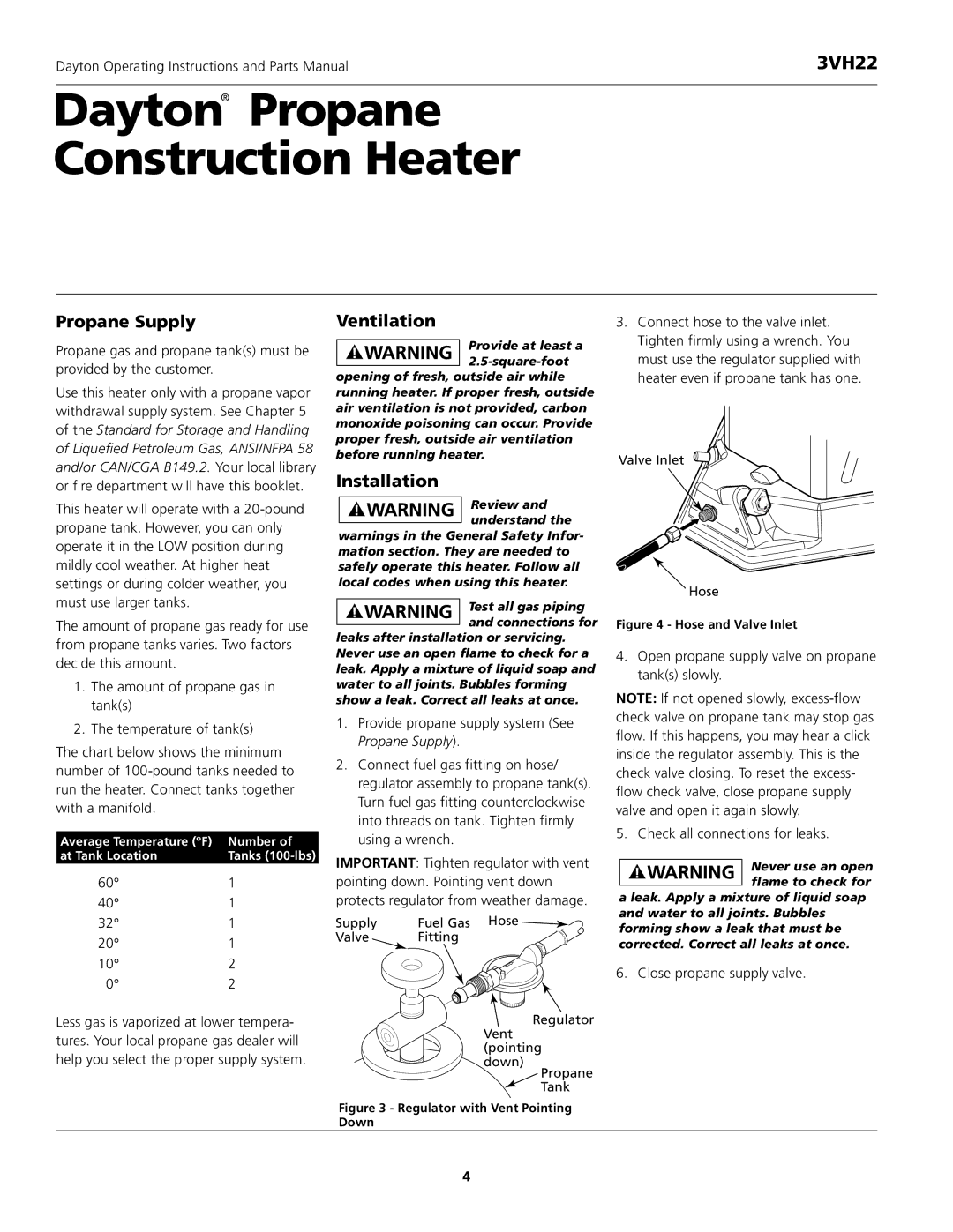 Dayton 3VH22 instruction manual Propane Supply, Ventilation, Installation 