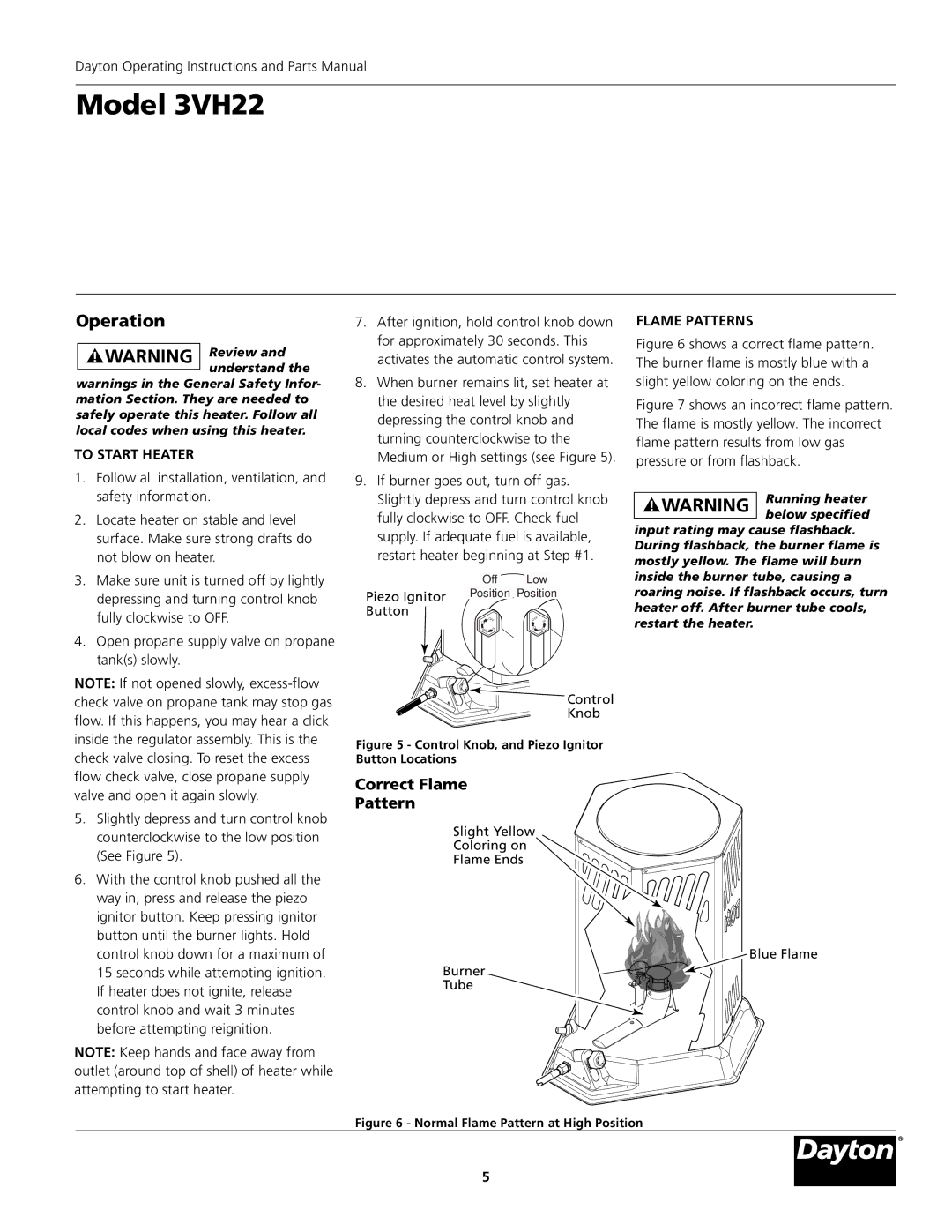 Dayton 3VH22 instruction manual Operation, To Start Heater, Flame Patterns 