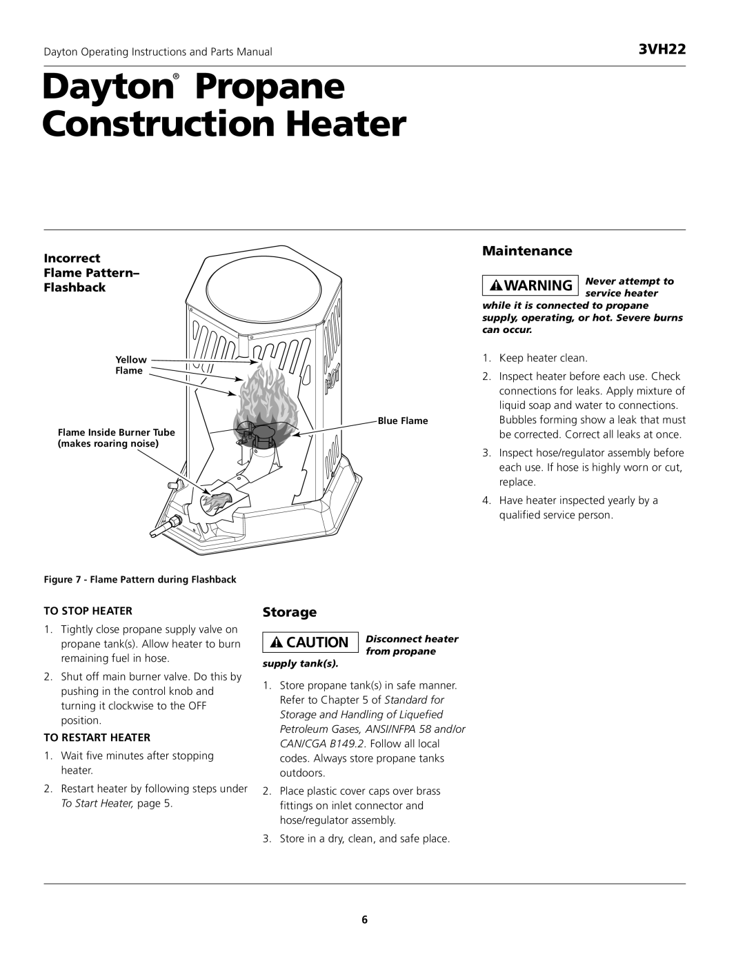 Dayton 3VH22 instruction manual Maintenance, Storage, To Stop Heater, To Restart Heater 