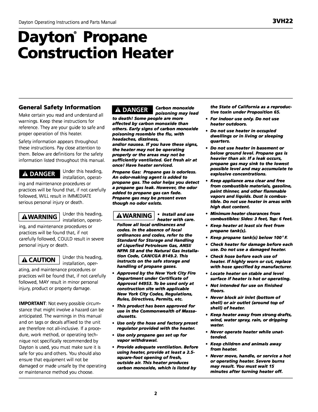 Dayton 3VH22 instruction manual Dayton Propane Construction Heater, General Safety Information 
