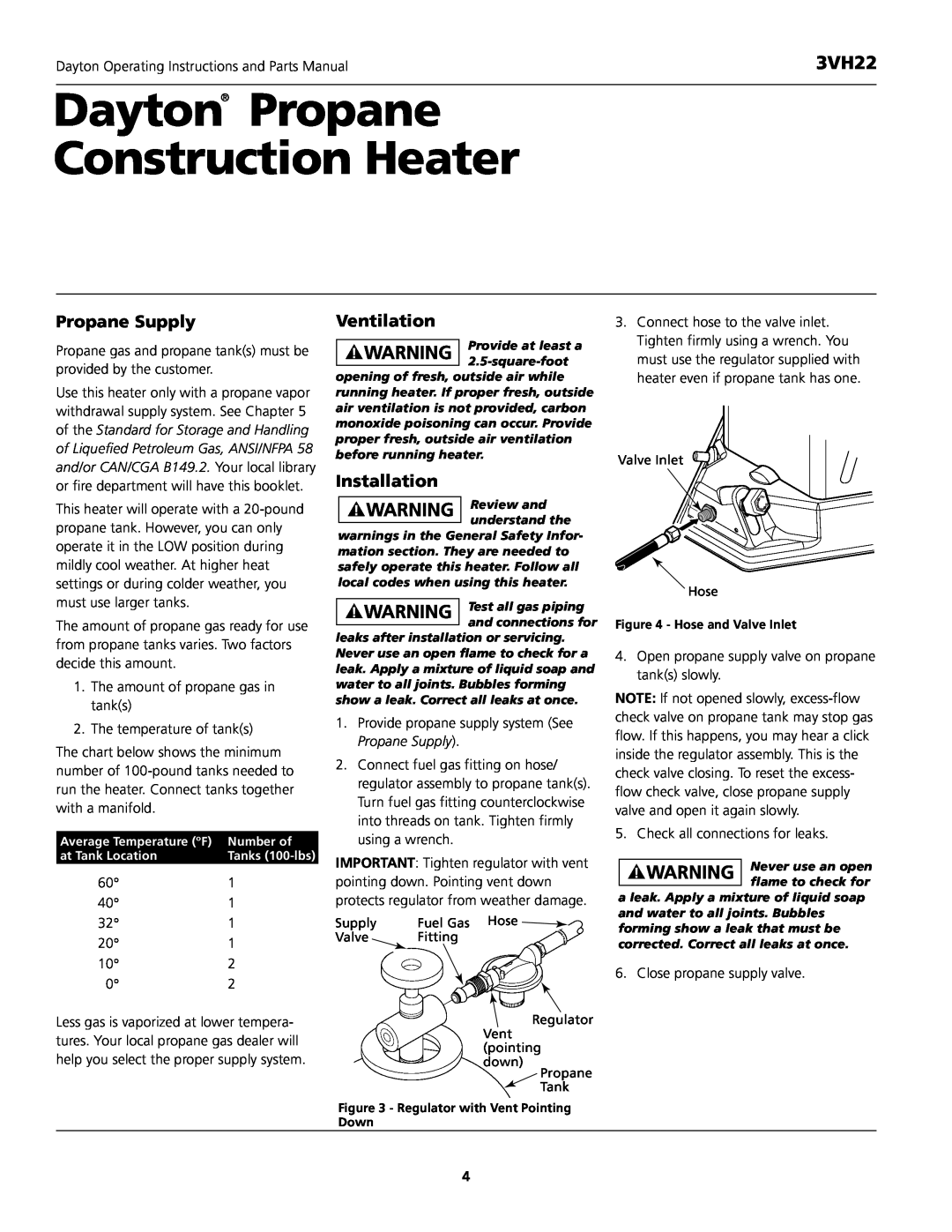 Dayton 3VH22 instruction manual Dayton Propane Construction Heater, Propane Supply, Ventilation, Installation 