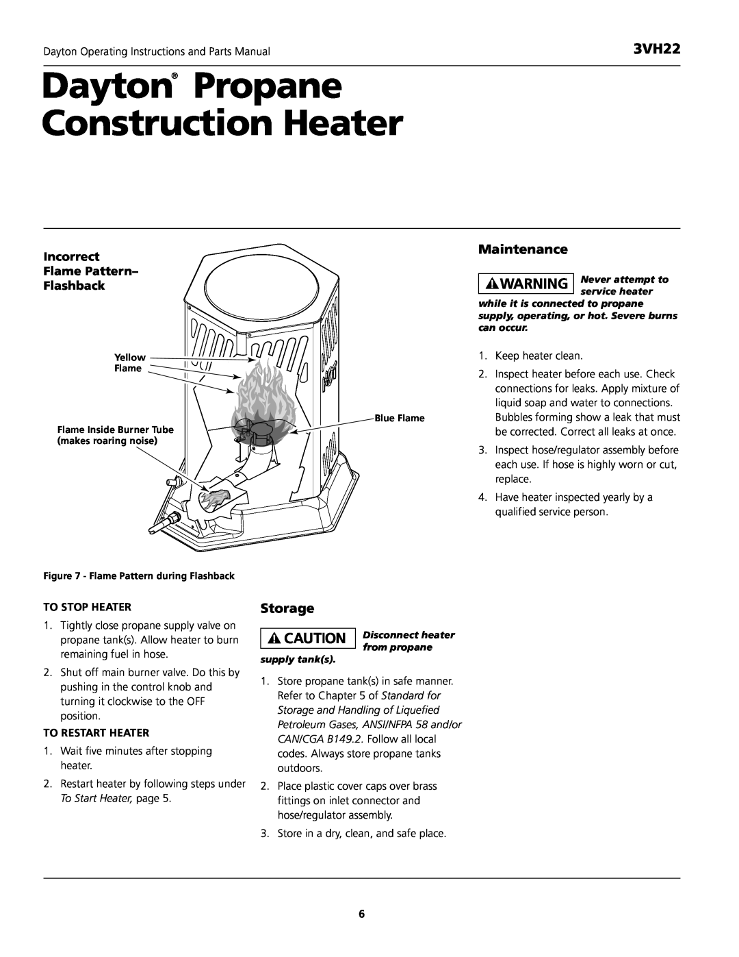Dayton 3VH22 Dayton Propane Construction Heater, Maintenance, Storage, Incorrect Flame Pattern- Flashback, To Stop Heater 
