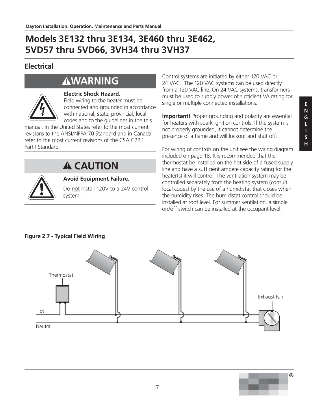 Dayton 3.00E+134, 3VH34, 3VH37, 5VD57, 3.00E+132, 3E462, 3E460 manual Electrical, Electric Shock Hazard, Avoid Equipment Failure 