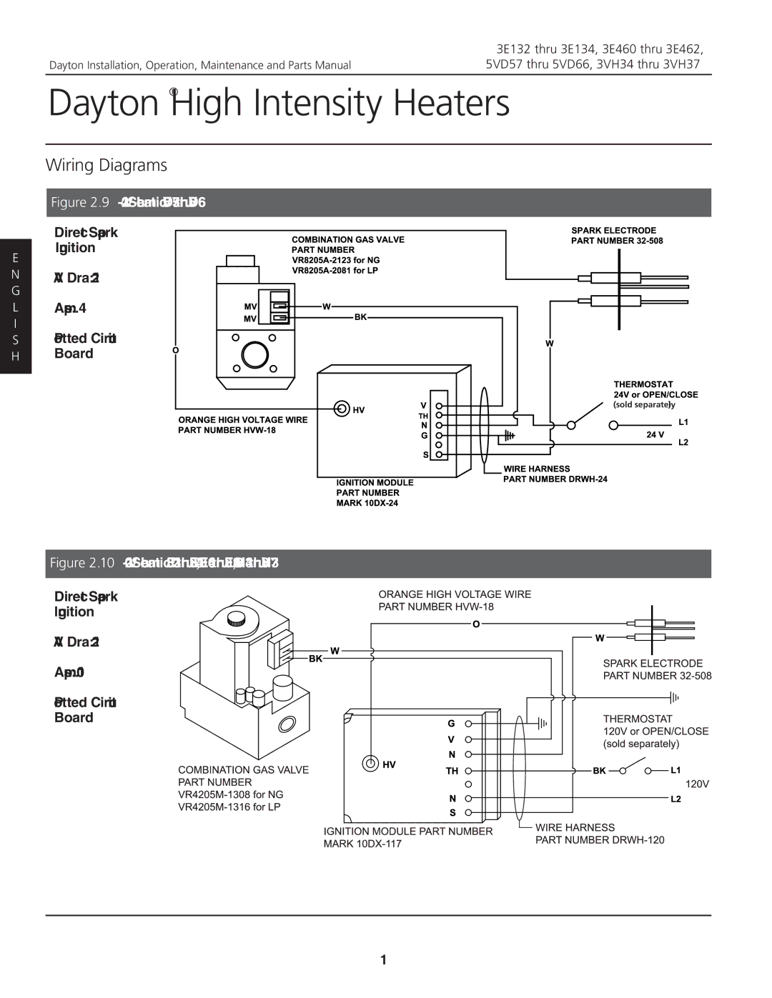 Dayton 3.00E+132, 3VH34, 3VH37, 5VD57, 3.00E+134 Wiring Diagrams, Direct Spark Ignition VA Draw Amps Potted Circuit Board 