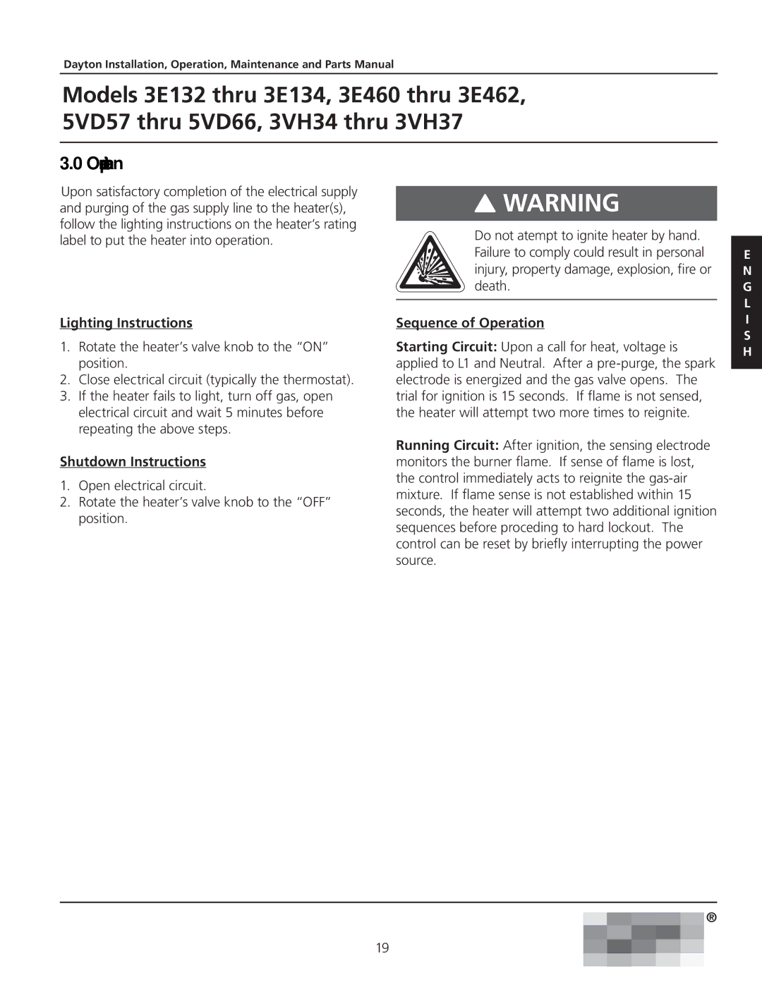 Dayton 3E462, 3VH34, 3VH37, 5VD57, 3.00E+134, 3.00E+132 Lighting Instructions, Shutdown Instructions, Sequence of Operation 