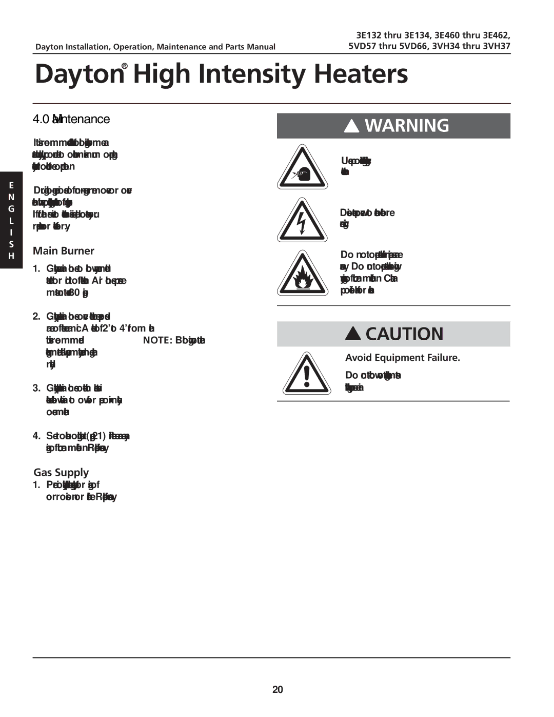 Dayton 3E460, 3VH34, 3VH37, 5VD57, 3.00E+134, 3.00E+132, 3E462 manual Main Burner, Gas Supply 