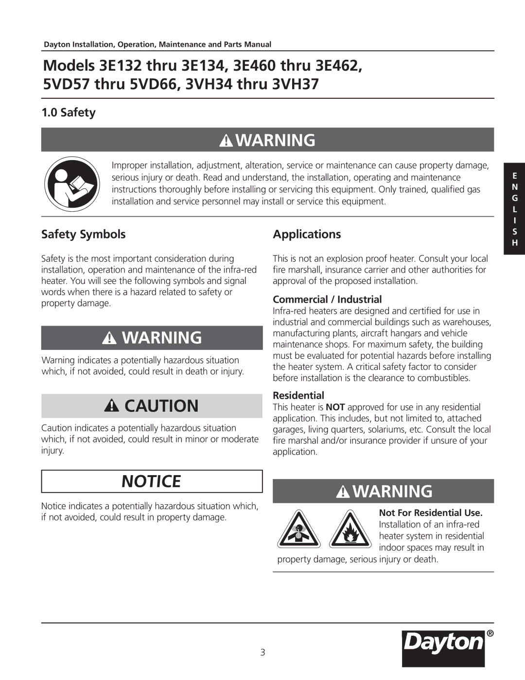 Dayton 3.00E+134, 3VH34, 3VH37, 5VD57, 3.00E+132, 3E462 Safety Symbols, Applications, Commercial / Industrial, Residential 