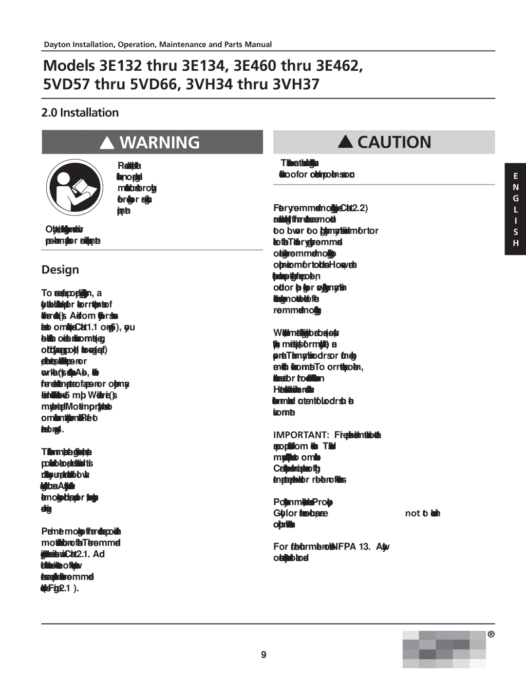 Dayton 5VD57, 3VH34, 3VH37, 3.00E+134, 3.00E+132, 3E462, 3E460 manual Installation, Design 