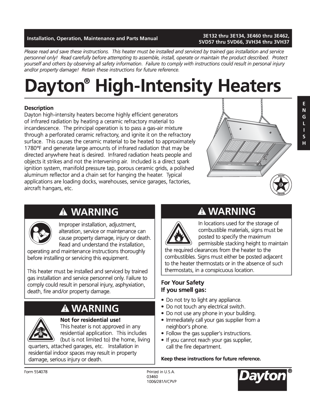 Dayton 3VH37 manual For Your Safety If you smell gas, Dayton High-IntensityHeaters, Description, Not for residential use 