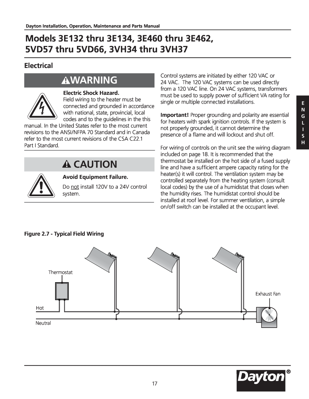 Dayton 3.00E+134, 3VH34, 3VH37, 5VD57 Electrical, Electric Shock Hazard, Avoid Equipment Failure, 7 - Typical Field Wiring 