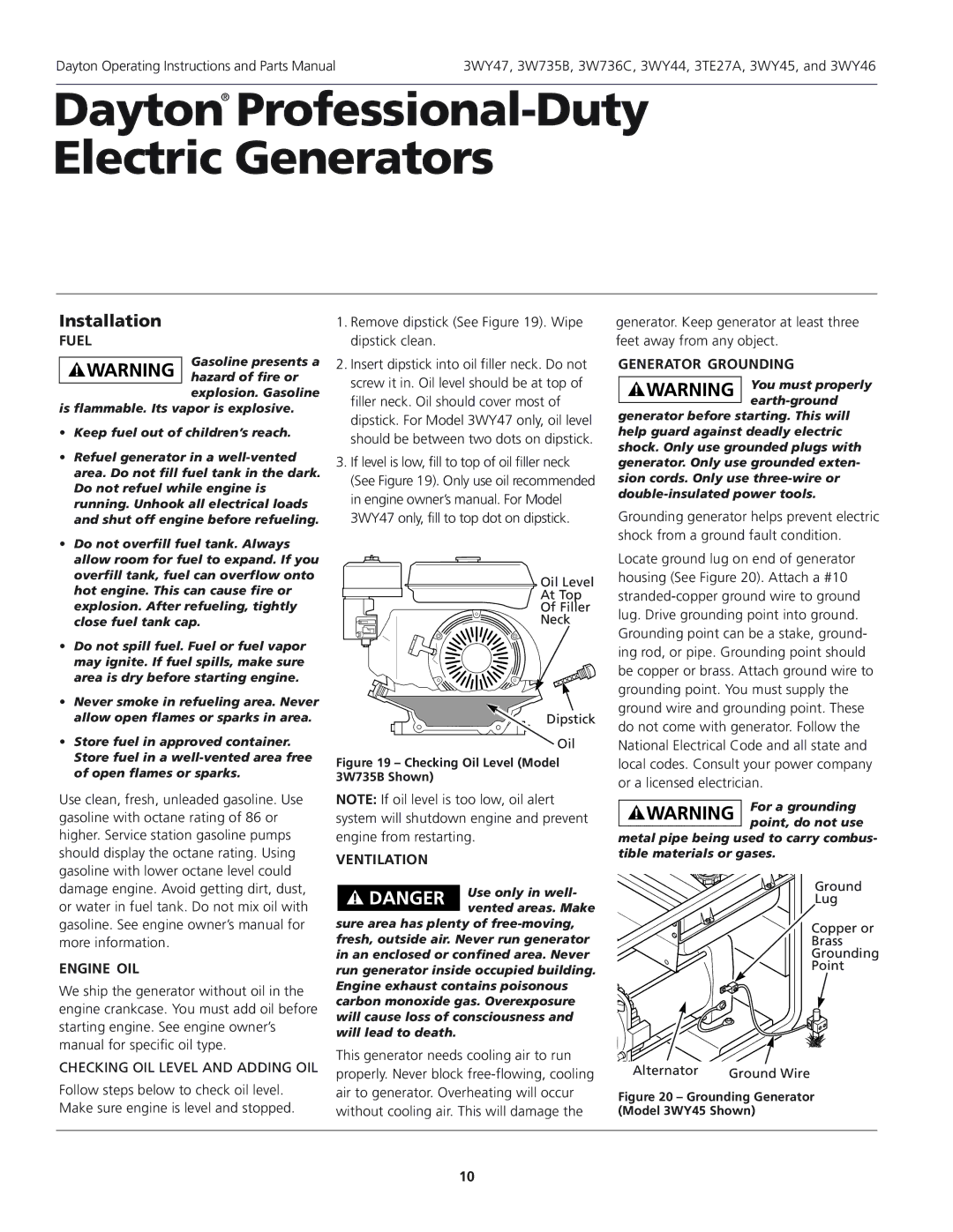 Dayton 3WY46, 3WY47 installation instructions Installation, Fuel, Generator Grounding, Engine OIL, Ventilation 