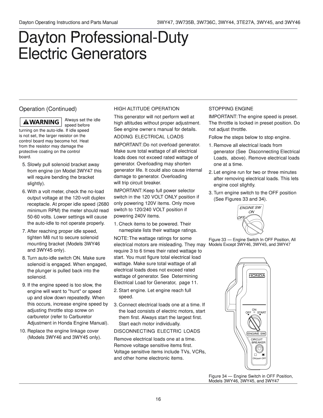 Dayton 3WY46, 3WY47 High Altitude Operation, Adding Electrical Loads, Disconnecting Electric Loads, Stopping Engine 