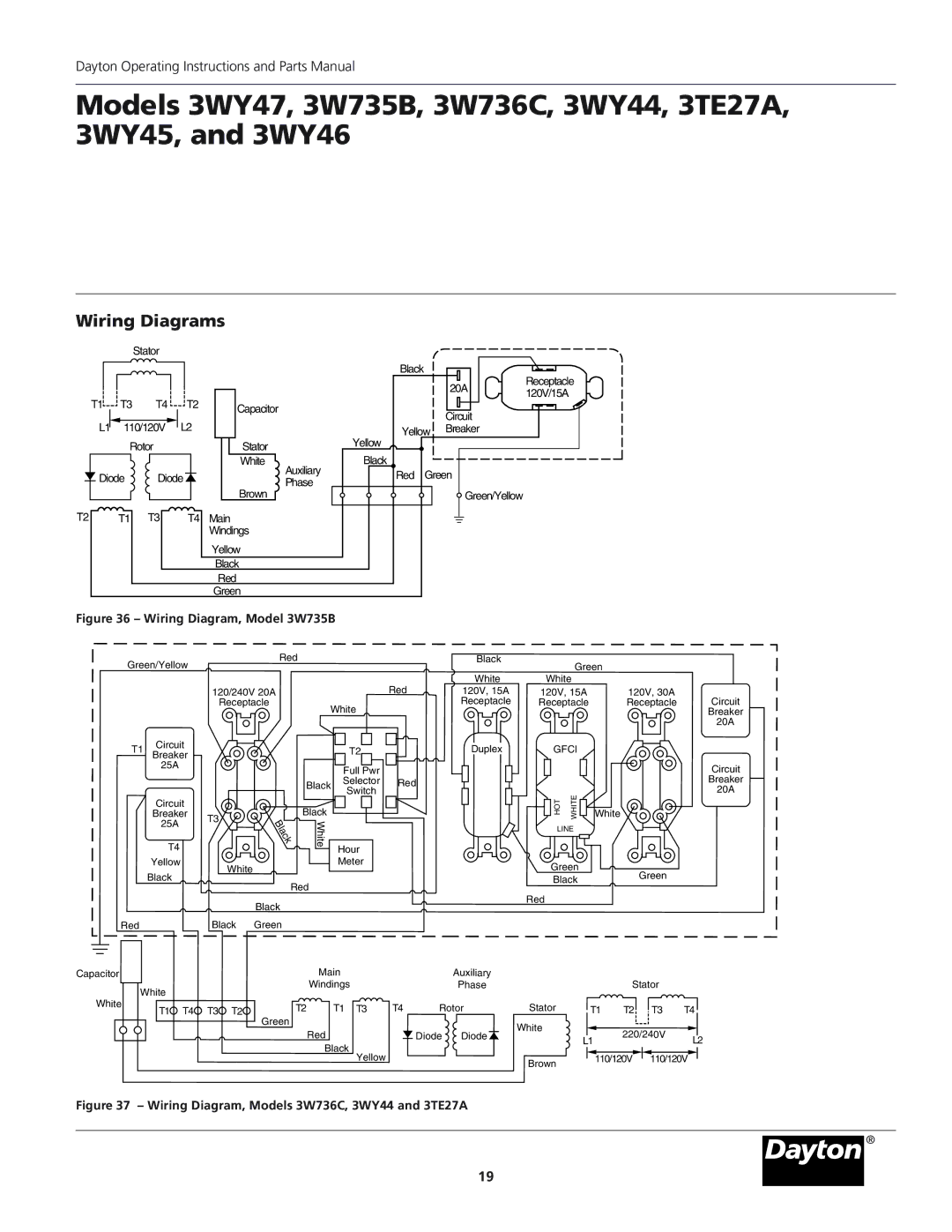 Dayton 3WY47, 3WY46 installation instructions Wiring Diagrams, T4 Main Windings Yellow Black Red Green 