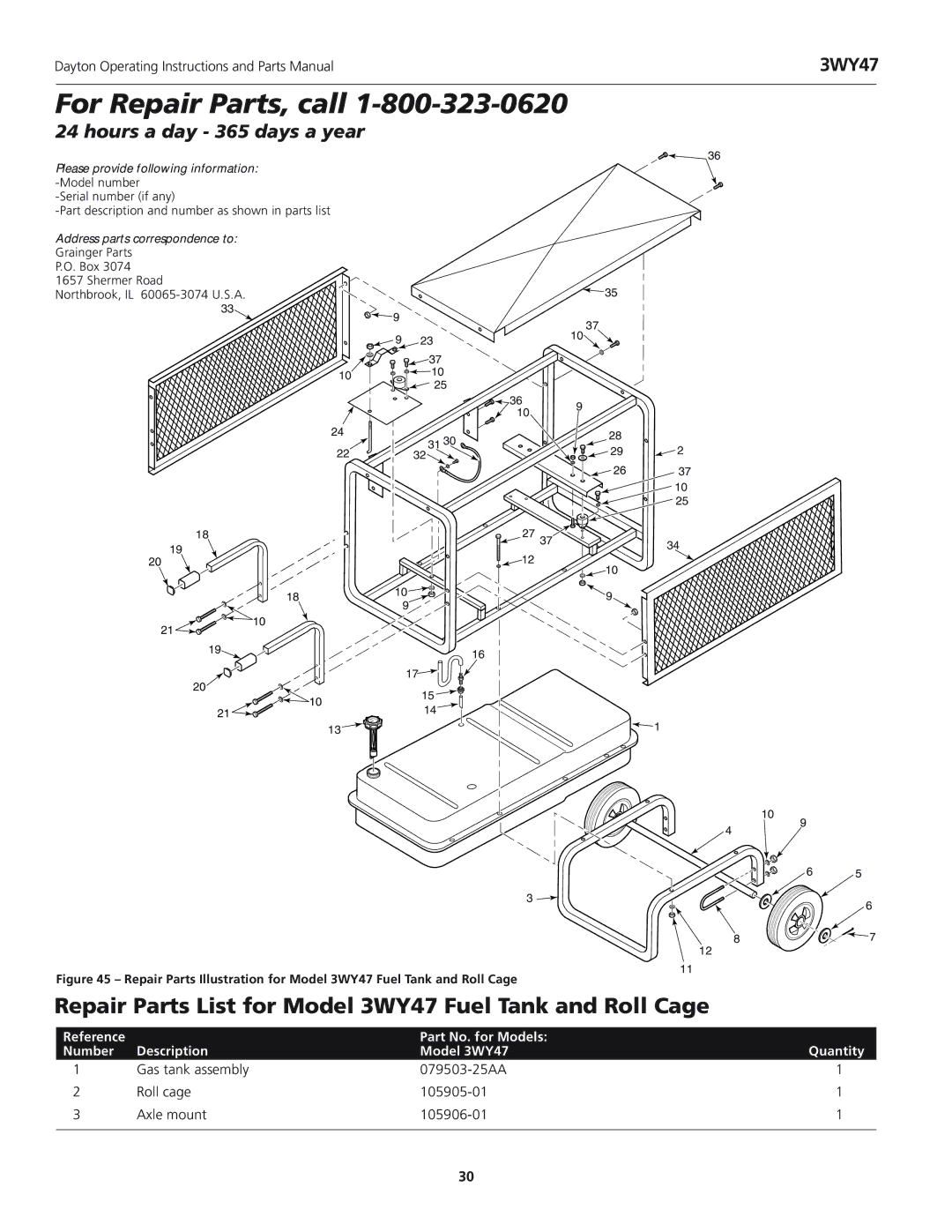 Dayton 3WY46 installation instructions Repair Parts List for Model 3WY47 Fuel Tank and Roll Cage 