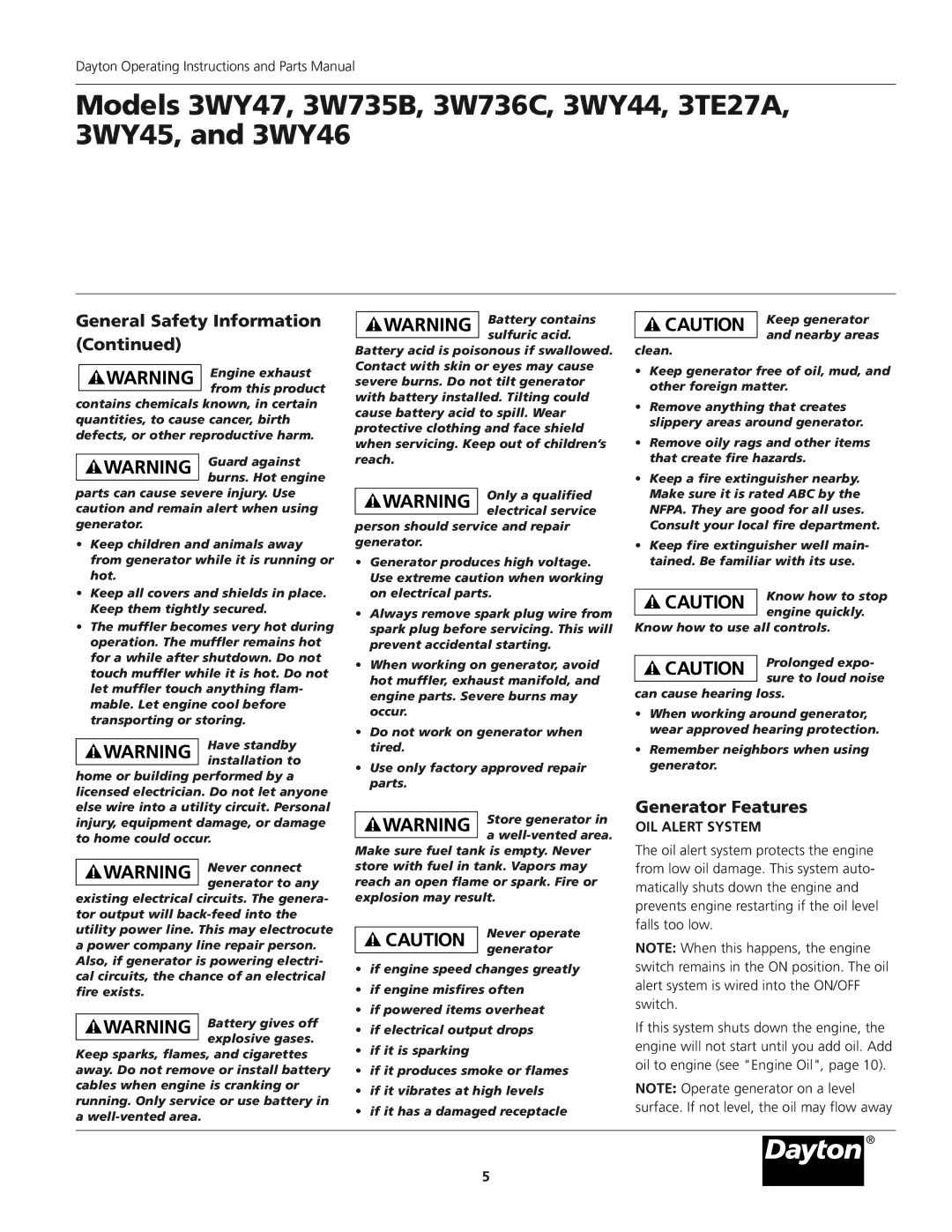 Dayton 3WY47, 3WY46 installation instructions Generator Features, OIL Alert System 