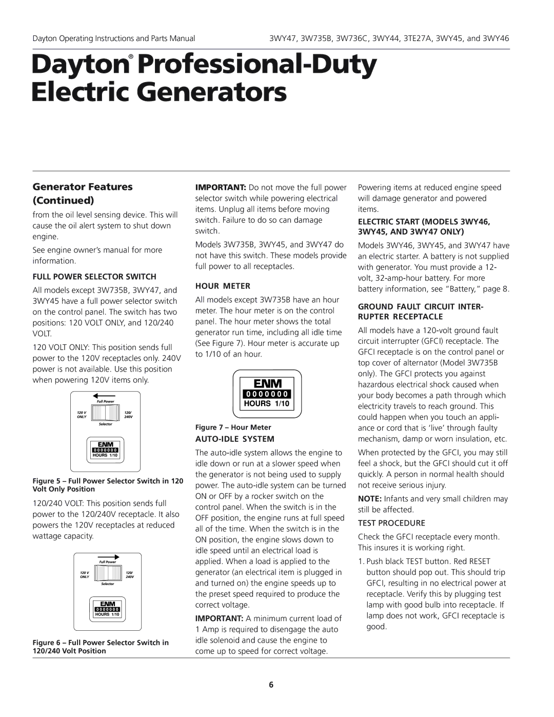 Dayton Full Power Selector Switch, Hour Meter, AUTO-IDLE System, Electric Start Models 3WY46, 3WY45, and 3WY47 only 