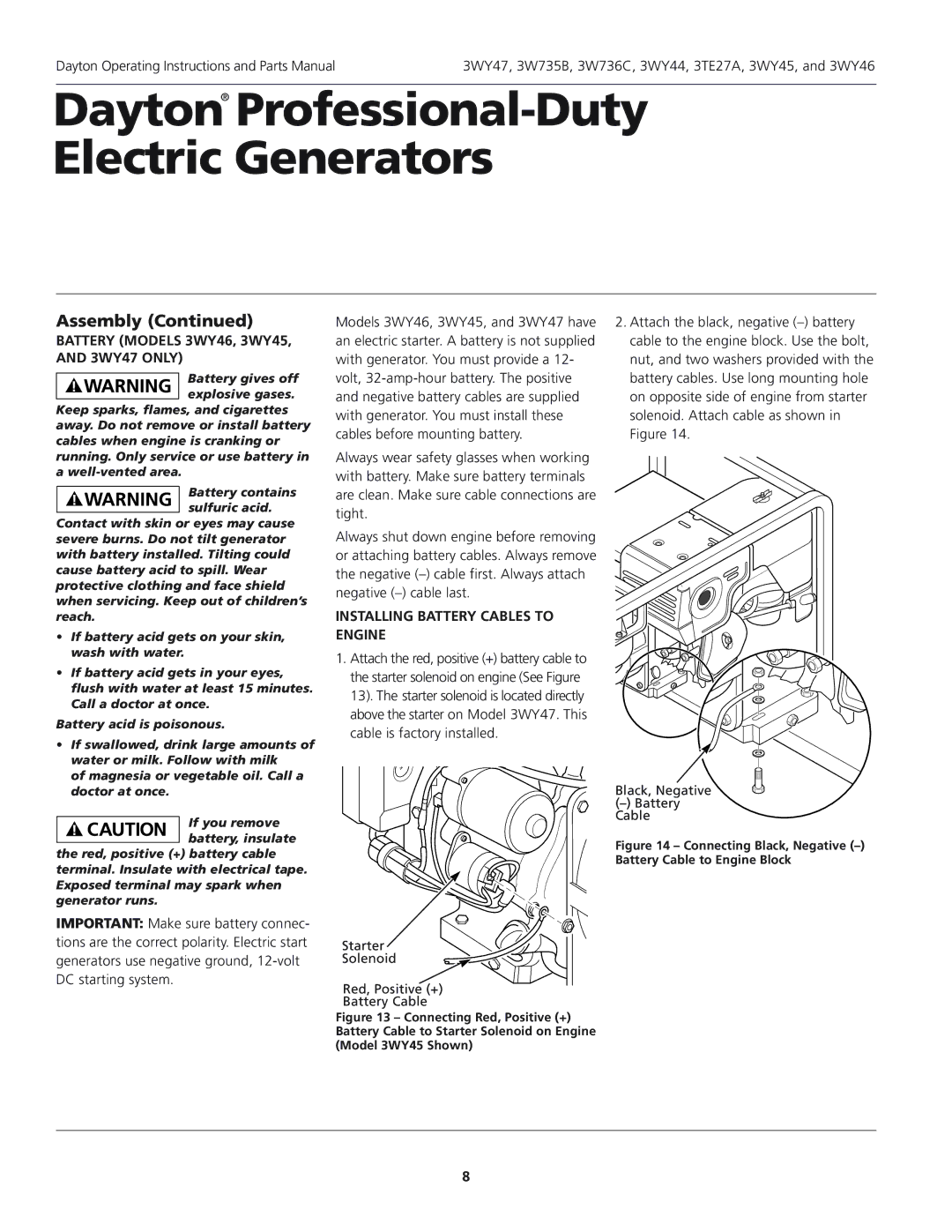 Dayton installation instructions Battery Models 3WY46, 3WY45, and 3WY47 only, Installing Battery Cables to Engine 