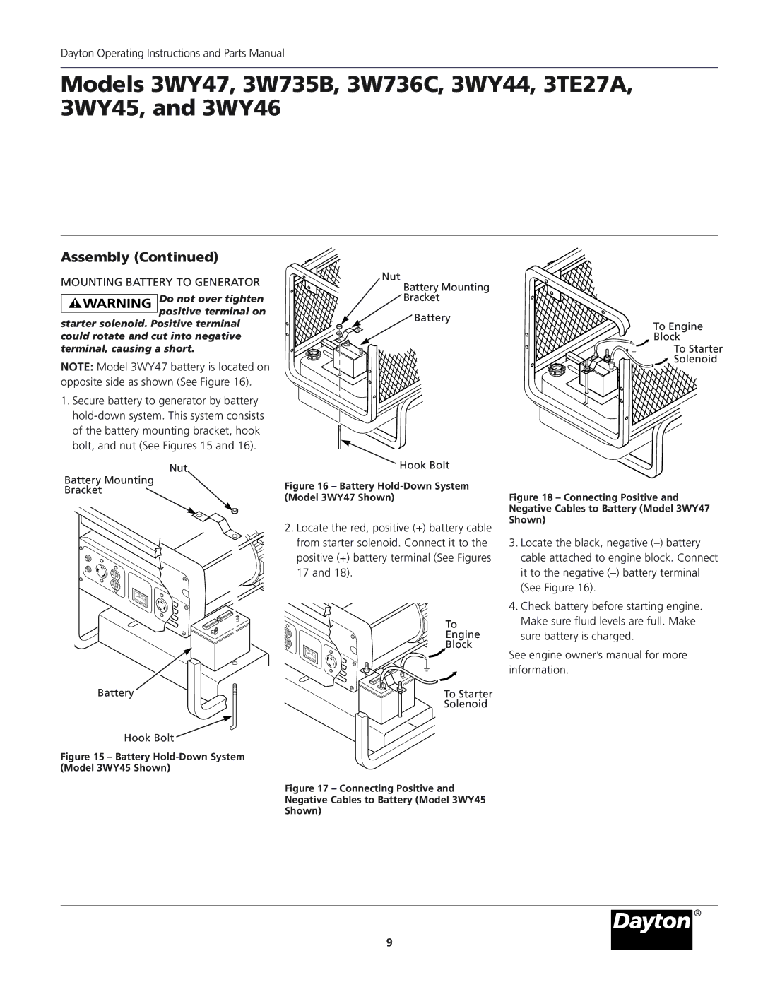 Dayton 3WY47, 3WY46 installation instructions Mounting Battery to Generator, From starter solenoid. Connect it to 