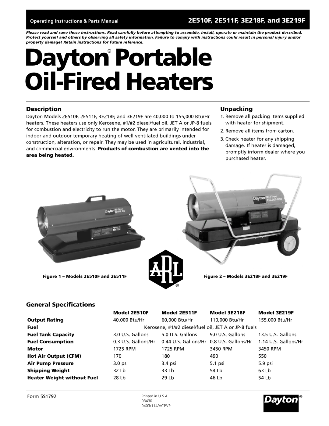 Dayton 5S1792 specifications Description, Unpacking, General Specifications 