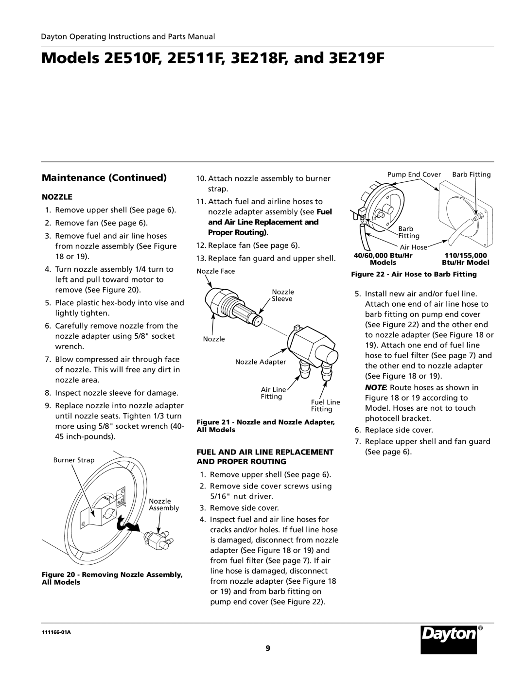 Dayton 5S1792 specifications Nozzle, Fuel and AIR Line Replacement and Proper Routing 