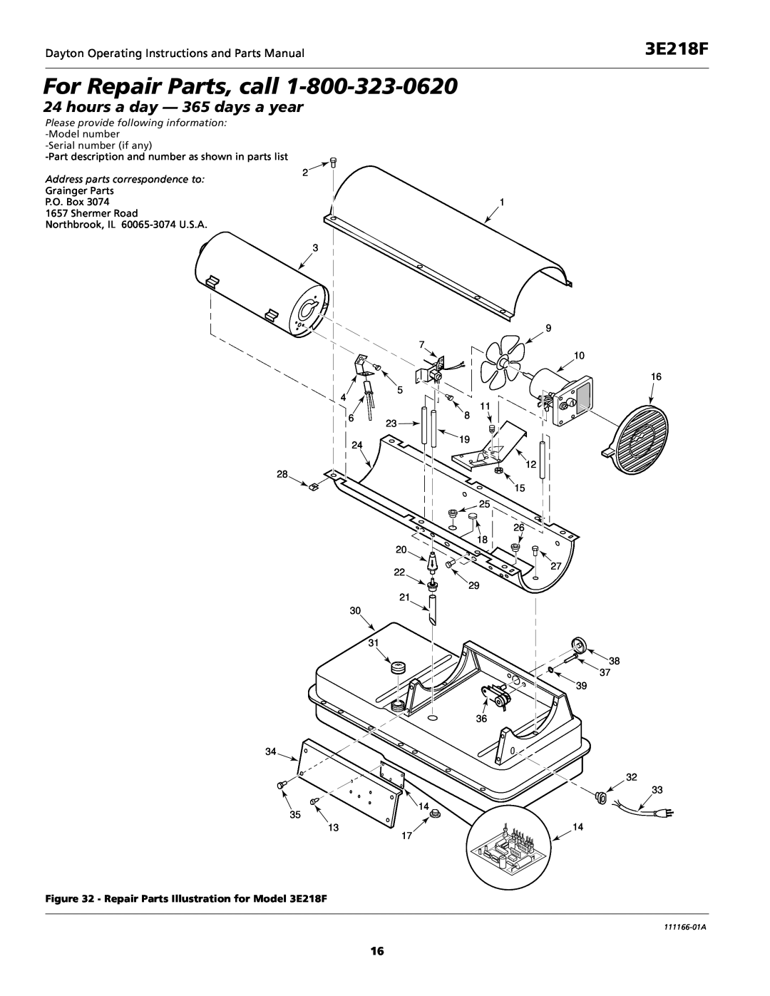 Dayton 5S1792 For Repair Parts, call, hours a day - 365 days a year, Repair Parts Illustration for Model 3E218F 