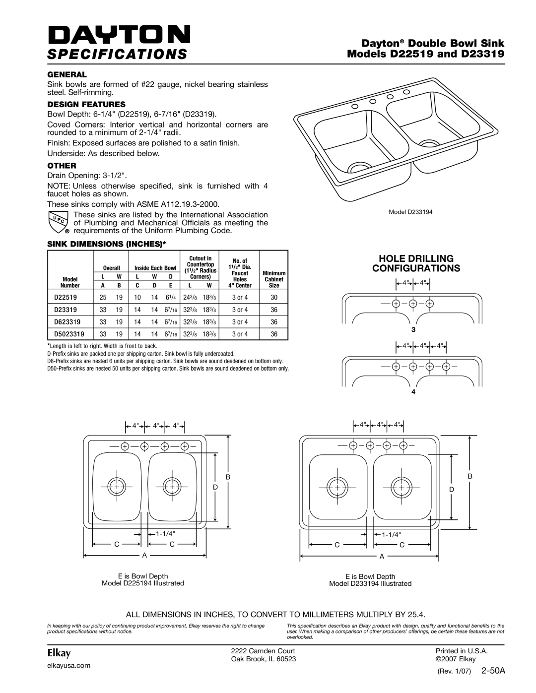 Dayton specifications Specifications, Dayton Double Bowl Sink Models D22519 and D23319, Elkay 