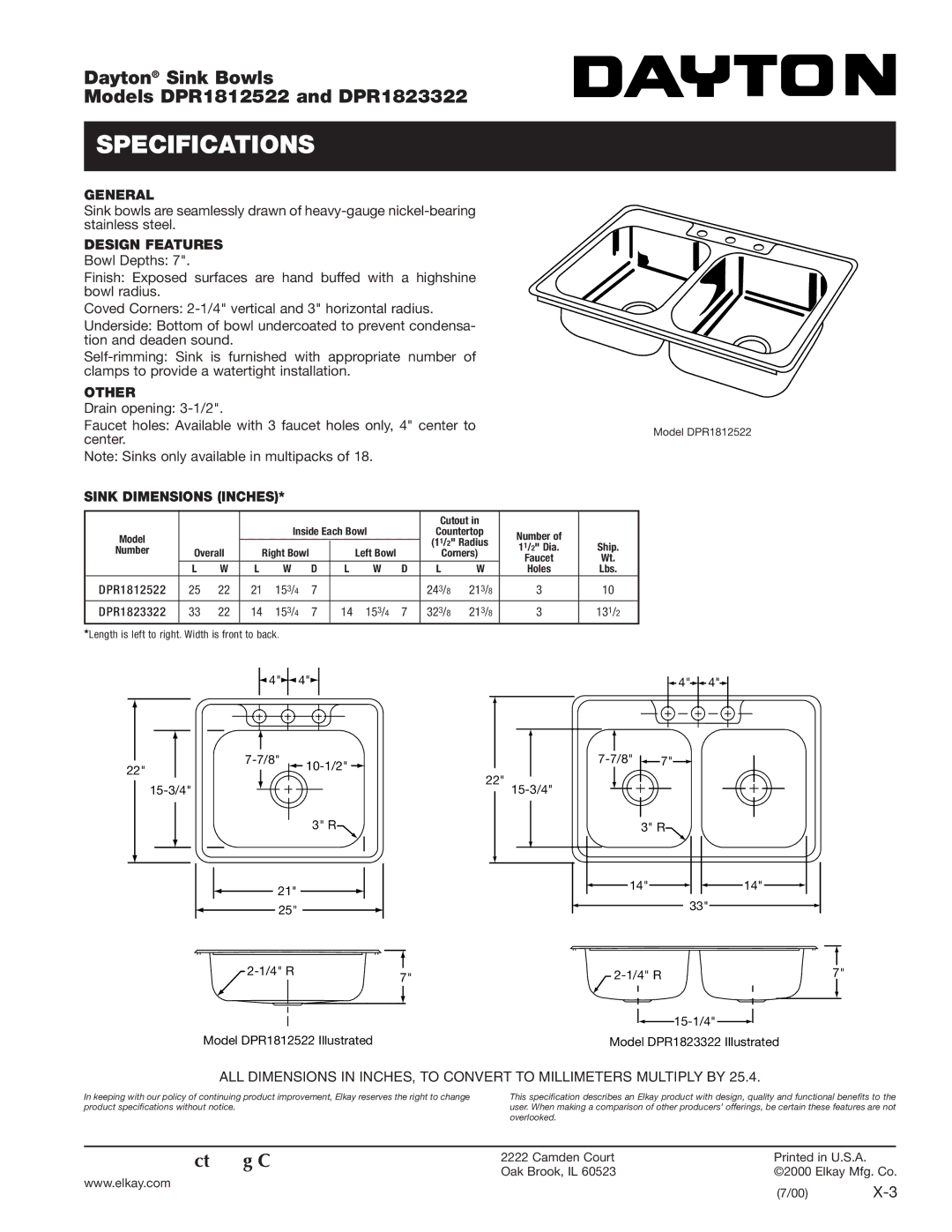 Dayton DPR1823322, DPR1812522 specifications Specifications, General, Design Features, Other, Sink Dimensions Inches 