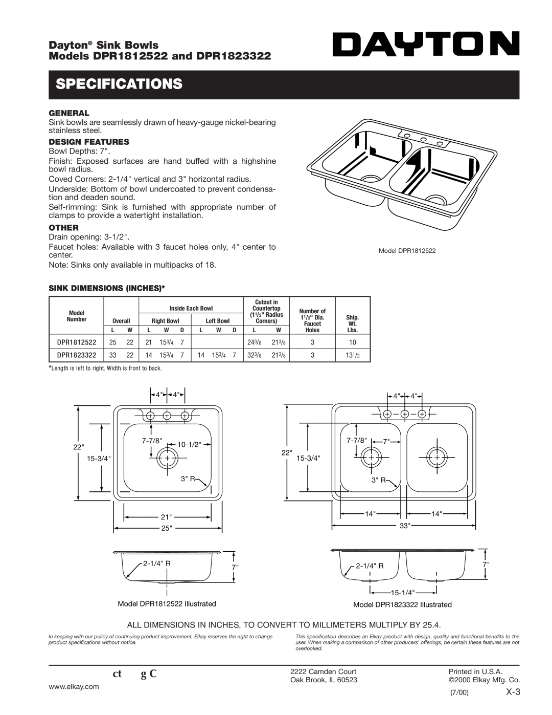 Dayton specifications Specifications, Dayton Sink Bowls, Models DPR1812522 and DPR1823322, Elkay Manufacturing Company 