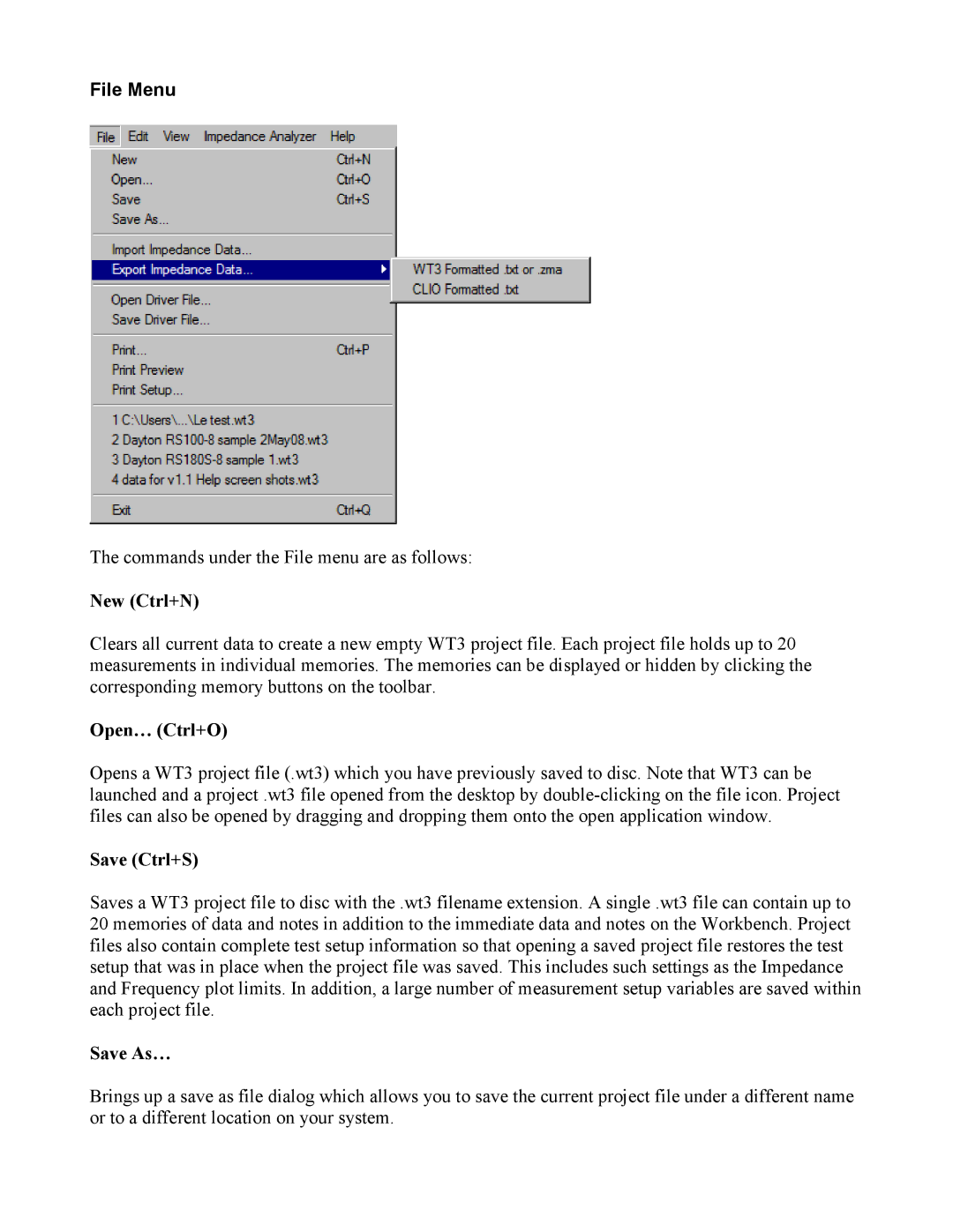 Dayton WT3 manual File Menu 