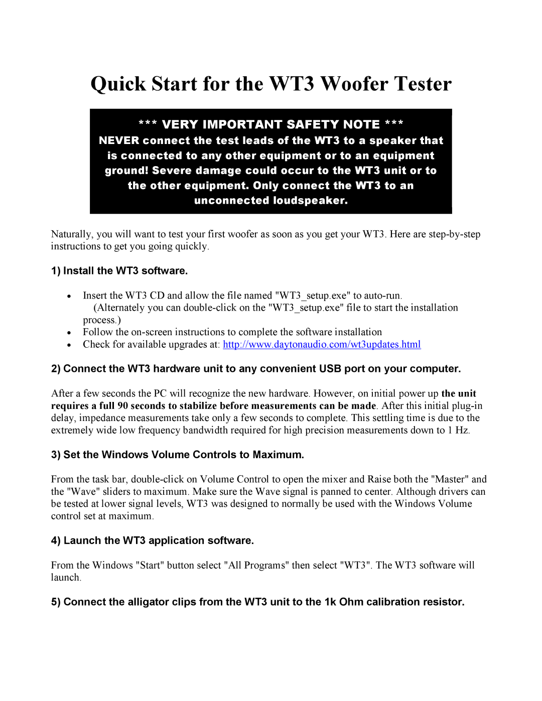 Dayton manual Install the WT3 software, Set the Windows Volume Controls to Maximum, Launch the WT3 application software 