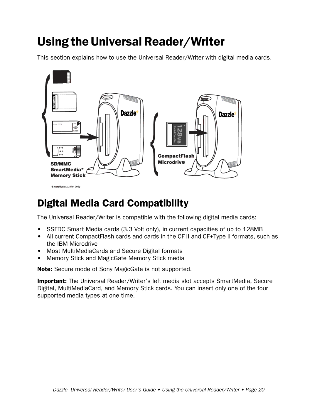 Dazzle Multimedia None manual UsingtheUniversalReader/Writer, Digital Media Card Compatibility 