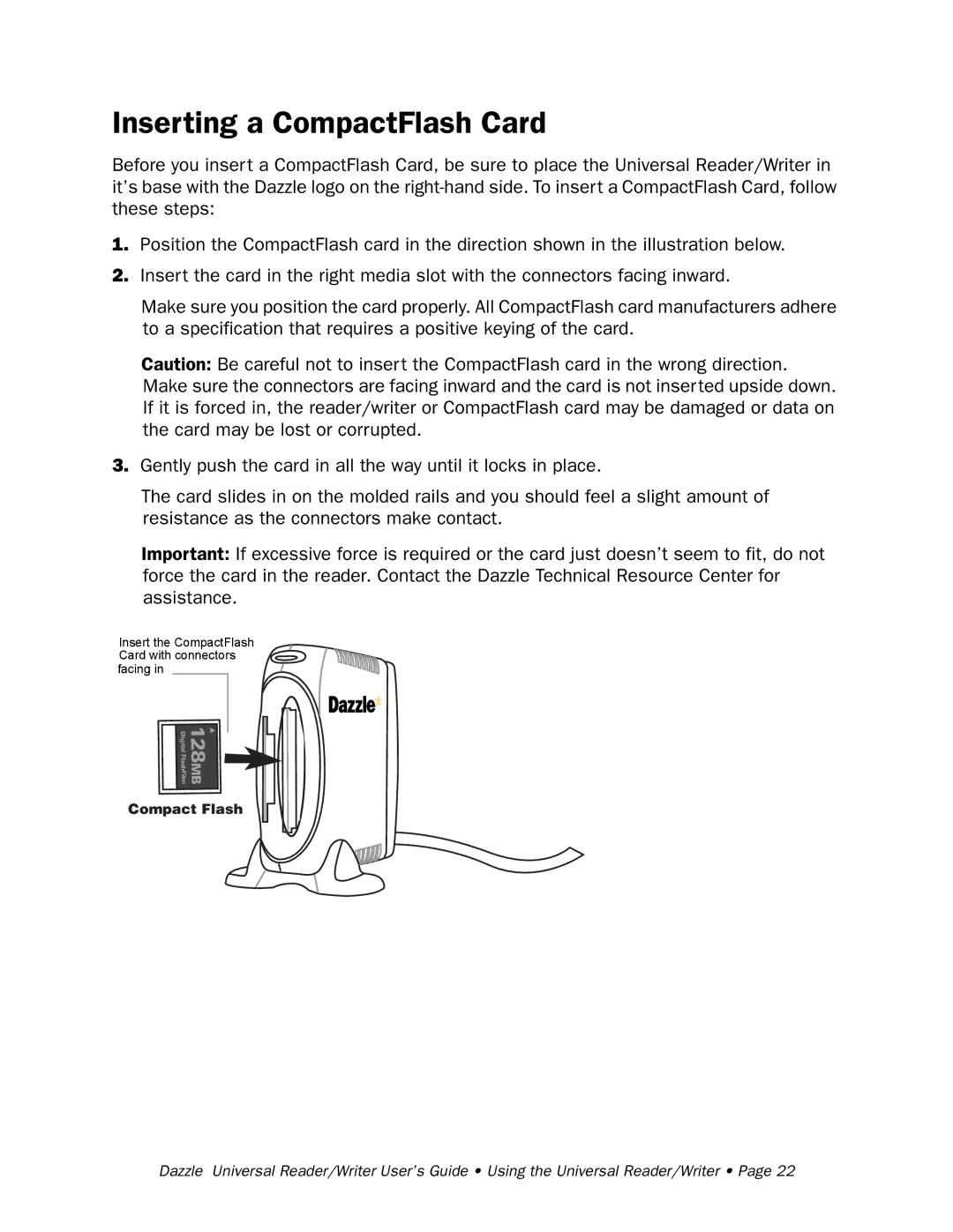 Dazzle Multimedia None manual Inserting a CompactFlash Card 