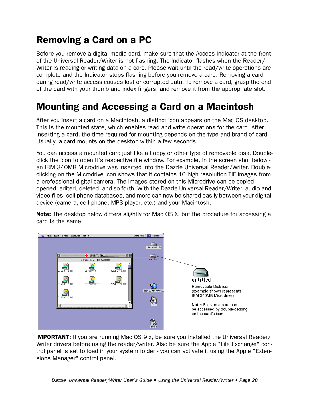 Dazzle Multimedia None manual Removing a Card on a PC, Mounting and Accessing a Card on a Macintosh 